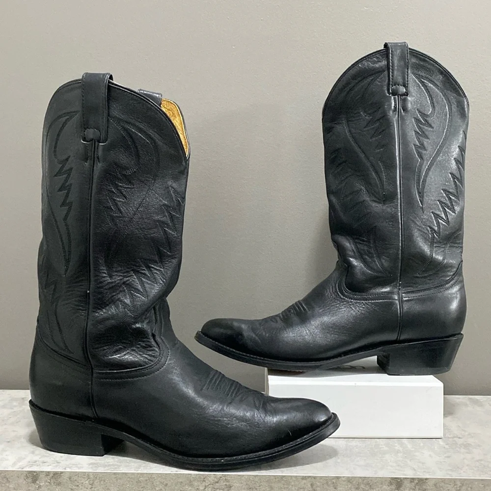 J Diamond Mens Black Leather Country Western Cowboy Boots Size 10.5 E